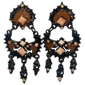 Vintage Women’s Bronze Tone Chandelier Dangle Brown Enamel Pierced Earrings